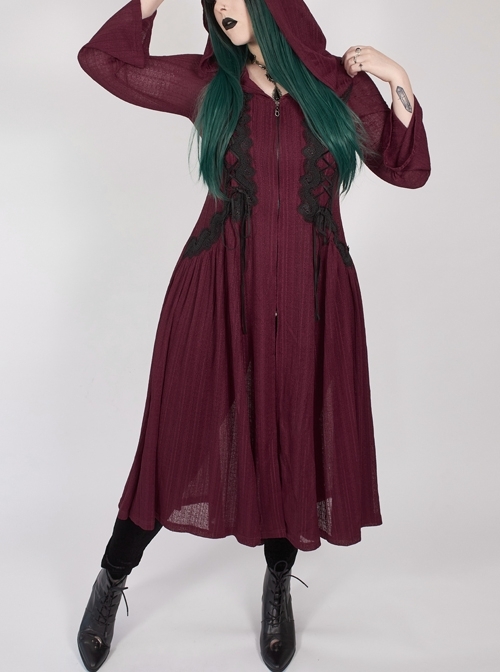 Front Chest Decals Long Sleeve Back Waist Lace-Up Wine Red Gothic Plus Size Mesh Hooded Coat