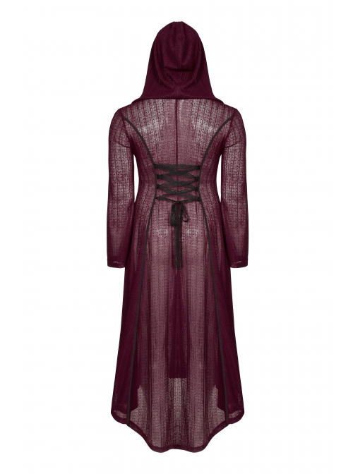 Front Chest Decals Long Sleeve Back Waist Lace-Up Wine Red Gothic Plus Size Mesh Hooded Coat
