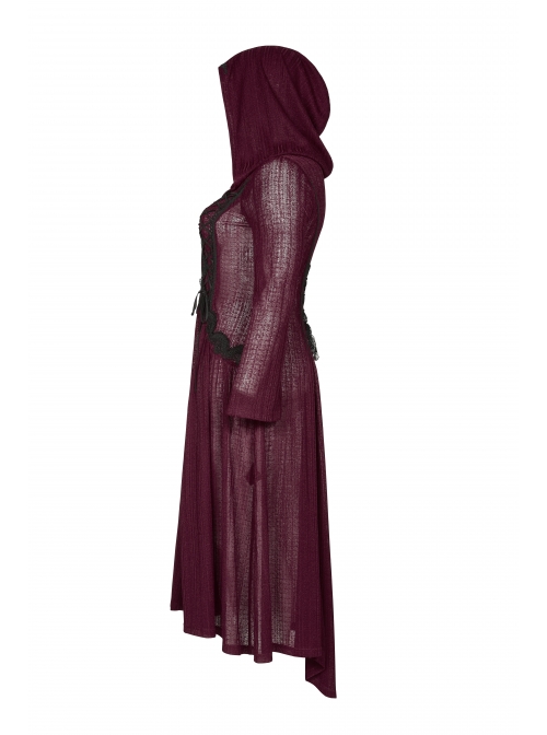 Front Chest Decals Long Sleeve Back Waist Lace-Up Wine Red Gothic Plus Size Mesh Hooded Coat