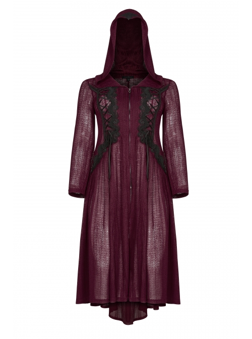 Front Chest Decals Long Sleeve Back Waist Lace-Up Wine Red Gothic Plus Size Mesh Hooded Coat