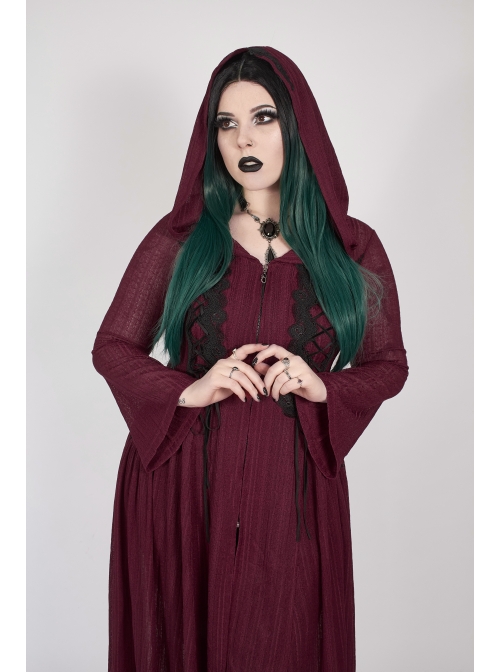 Front Chest Decals Long Sleeve Back Waist Lace-Up Wine Red Gothic Plus Size Mesh Hooded Coat