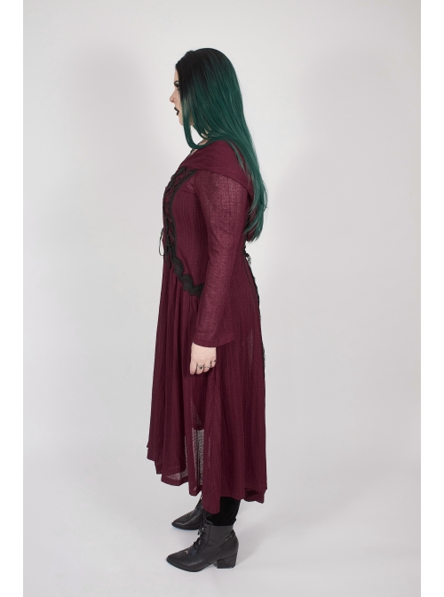 Front Chest Decals Long Sleeve Back Waist Lace-Up Wine Red Gothic Plus Size Mesh Hooded Coat
