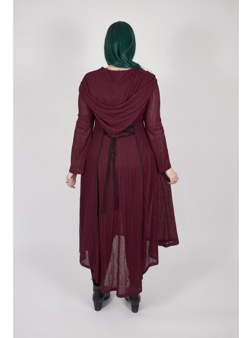 Front Chest Decals Long Sleeve Back Waist Lace-Up Wine Red Gothic Plus Size Mesh Hooded Coat