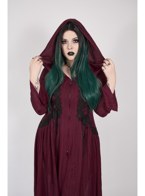 Front Chest Decals Long Sleeve Back Waist Lace-Up Wine Red Gothic Plus Size Mesh Hooded Coat