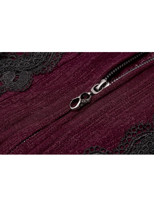 Front Chest Decals Long Sleeve Back Waist Lace-Up Wine Red Gothic Plus Size Mesh Hooded Coat