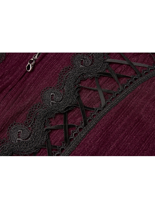Front Chest Decals Long Sleeve Back Waist Lace-Up Wine Red Gothic Plus Size Mesh Hooded Coat