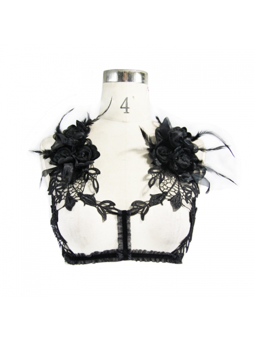Feather Rose Decoration Lace Ribbon Black Gothic Flocking Halter Corset