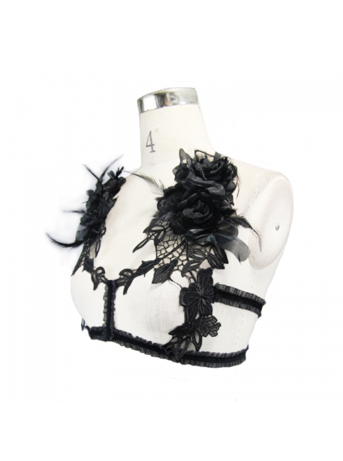Feather Rose Decoration Lace Ribbon Black Gothic Flocking Halter Corset