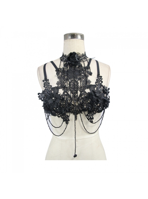 Three-Dimensional Lace Decals Metal Chain Glass Beads Decoration Black Gothic Corset
