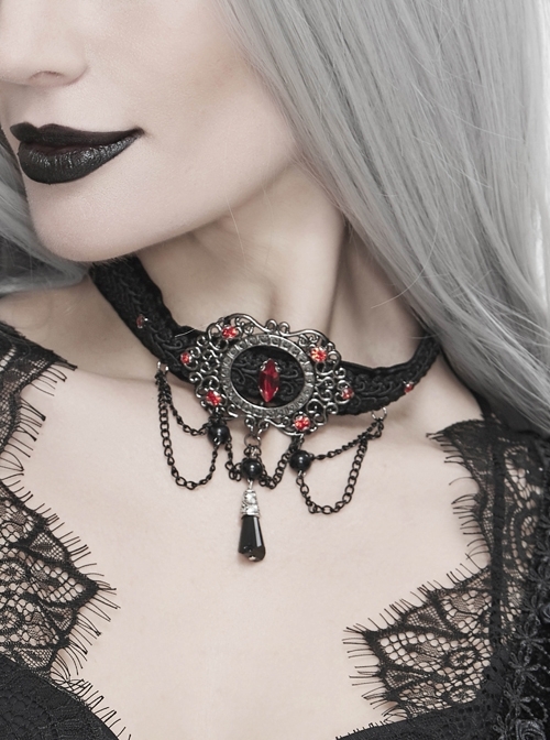 Wine Red Diamonds Metal Chain Hanging Beads Black Gothic Necklace