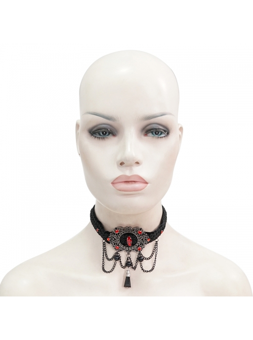 Wine Red Diamonds Metal Chain Hanging Beads Black Gothic Necklace