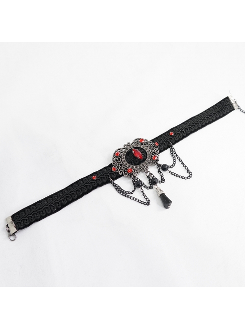 Wine Red Diamonds Metal Chain Hanging Beads Black Gothic Necklace