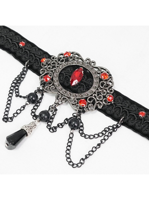 Wine Red Diamonds Metal Chain Hanging Beads Black Gothic Necklace