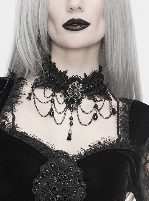 Front Diamonds Spider Web-Like Hanging Chain Beads Black Gothic Flocking Lace Necklace