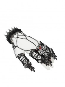 Burgundy Diamonds Metal Chain Black Gothic Lace Gloves