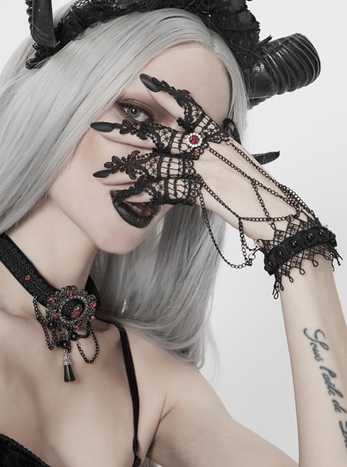 Burgundy Diamonds Metal Chain Black Gothic Lace Gloves