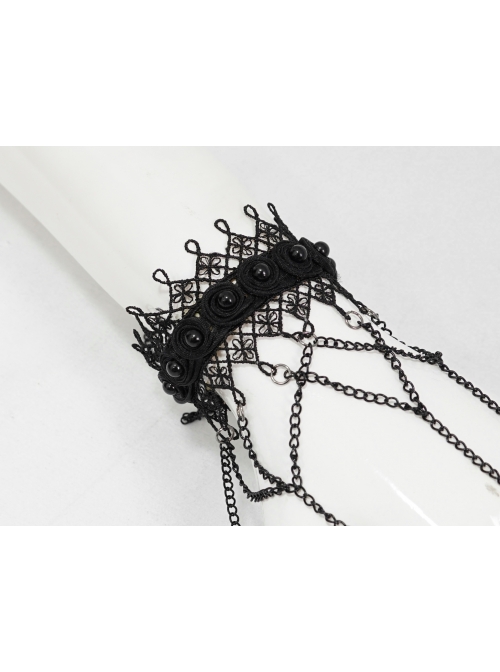 Burgundy Diamonds Metal Chain Black Gothic Lace Gloves