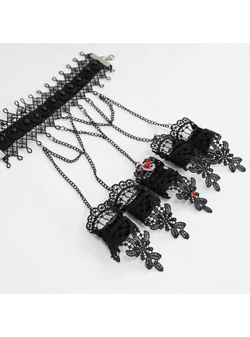 Burgundy Diamonds Metal Chain Black Gothic Lace Gloves