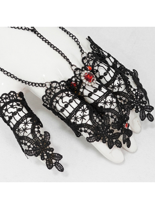 Burgundy Diamonds Metal Chain Black Gothic Lace Gloves