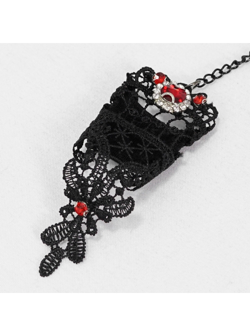 Burgundy Diamonds Metal Chain Black Gothic Lace Gloves
