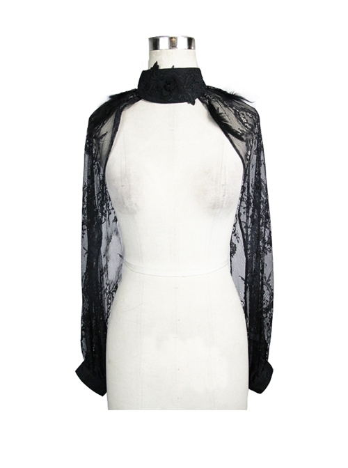 Feather Decoration Collar Long Sleeve Black Gothic Lace Shawl