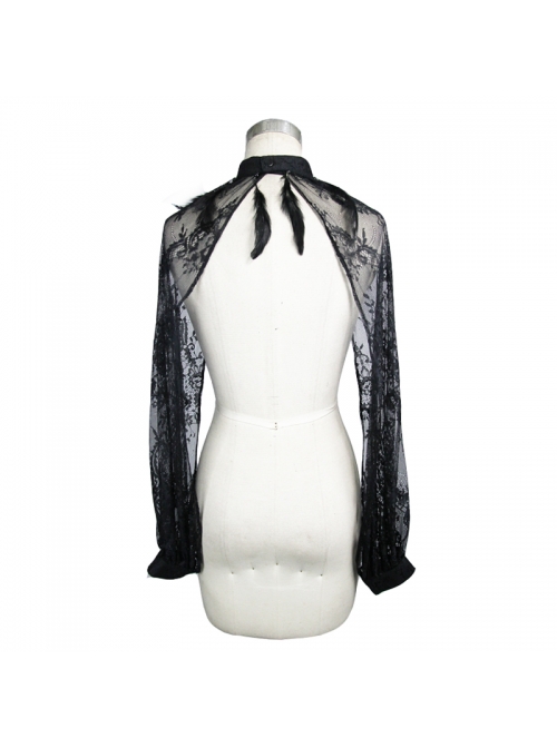 Feather Decoration Collar Long Sleeve Black Gothic Lace Shawl