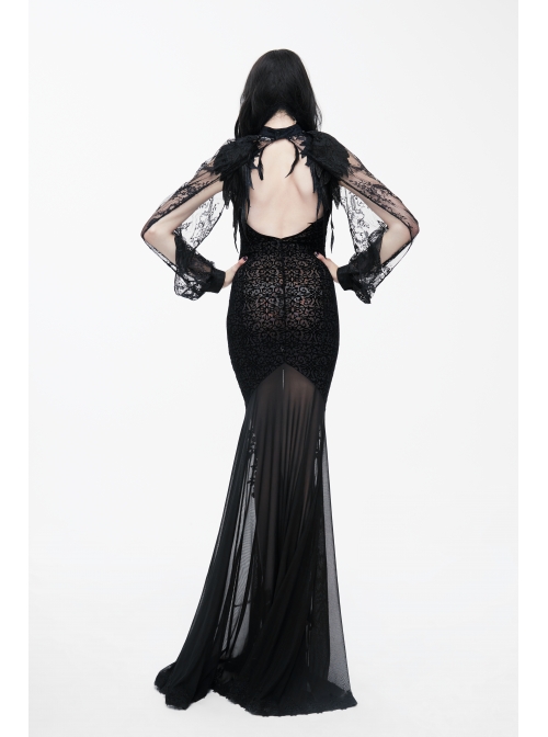Feather Decoration Collar Long Sleeve Black Gothic Lace Shawl