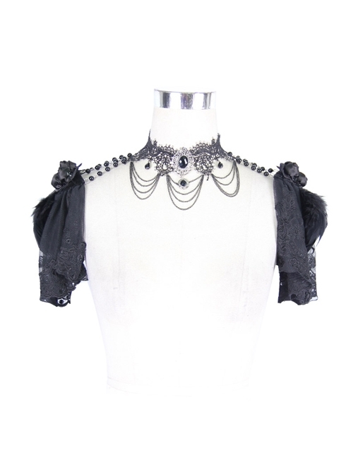 Feather Lace Short Sleeve Beaded Neck Chain Black Gothic Shawl