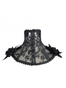 Side Feather Rose Decoration Black Gothic Lace Collar