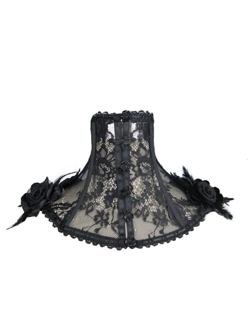 Side Feather Rose Decoration Black Gothic Lace Collar