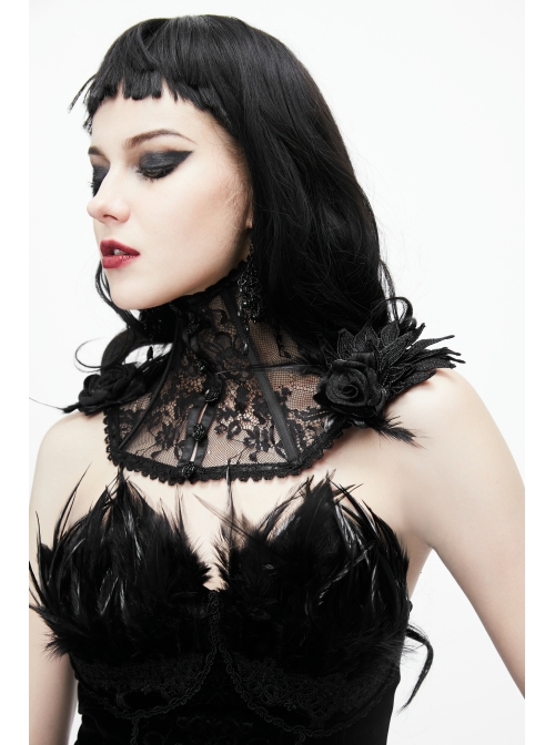 Side Feather Rose Decoration Black Gothic Lace Collar