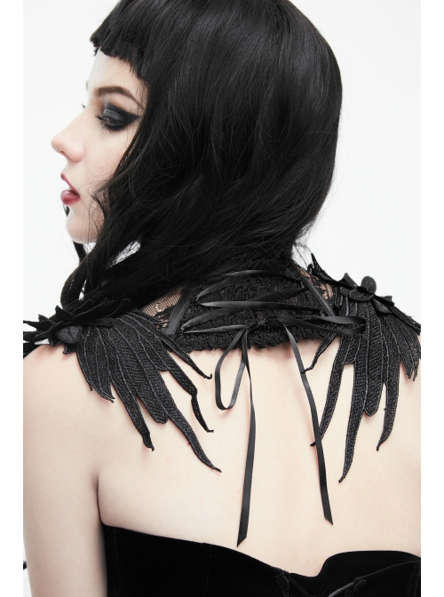 Side Feather Rose Decoration Black Gothic Lace Collar