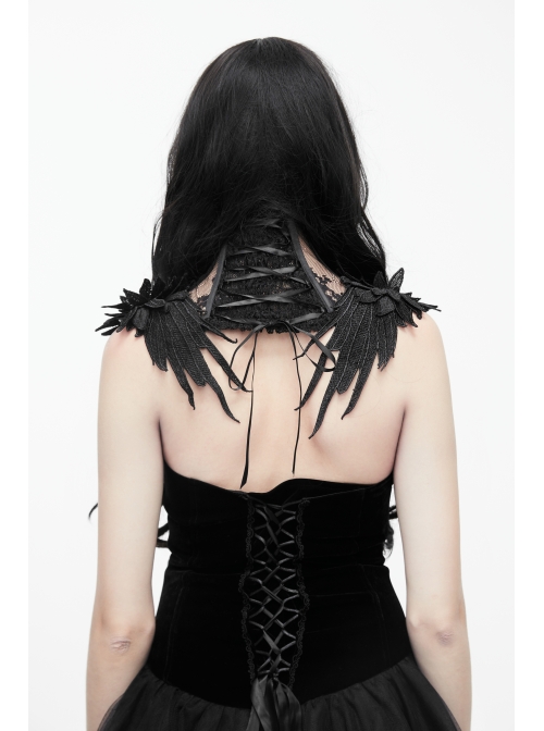 Side Feather Rose Decoration Black Gothic Lace Collar