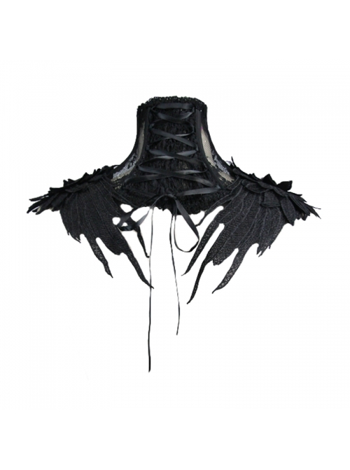 Side Feather Rose Decoration Black Gothic Lace Collar