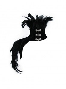 Front Retro Metal Clasp One-Shoulder Long Feather Black Gothic Velvet Collar