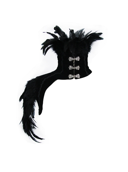 Front Retro Metal Clasp One-Shoulder Long Feather Black Gothic Velvet Collar