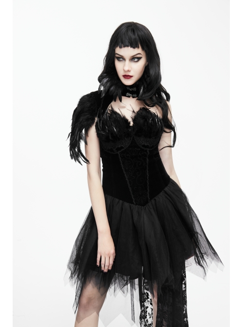 Front Retro Metal Clasp One-Shoulder Long Feather Black Gothic Velvet Collar