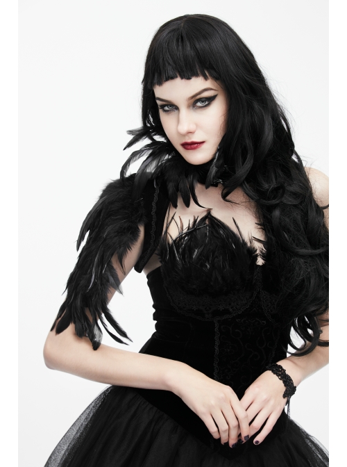 Front Retro Metal Clasp One-Shoulder Long Feather Black Gothic Velvet Collar