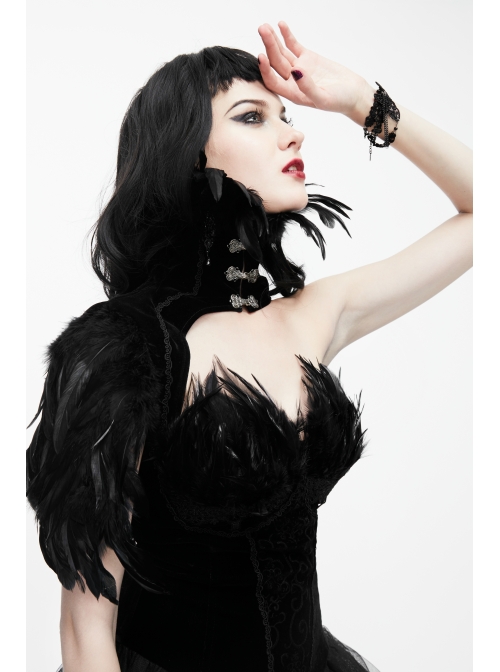 Front Retro Metal Clasp One-Shoulder Long Feather Black Gothic Velvet Collar