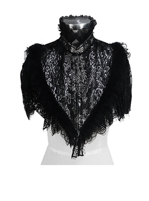 High Collar Splice Feather Lace Black Gothic Jacquard Shawl