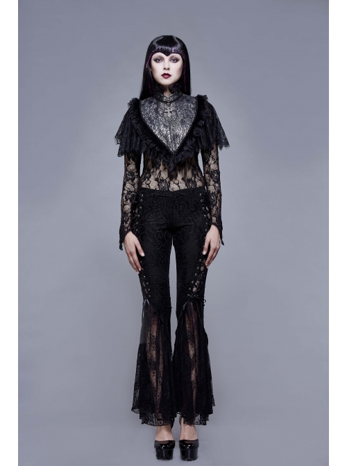High Collar Splice Feather Lace Black Gothic Jacquard Shawl