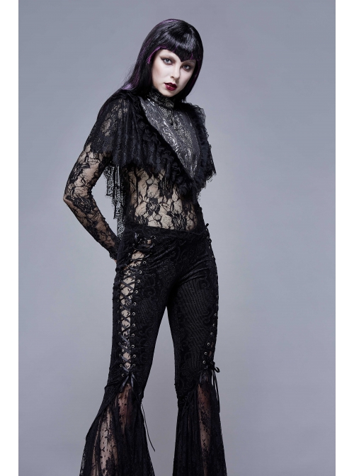 High Collar Splice Feather Lace Black Gothic Jacquard Shawl