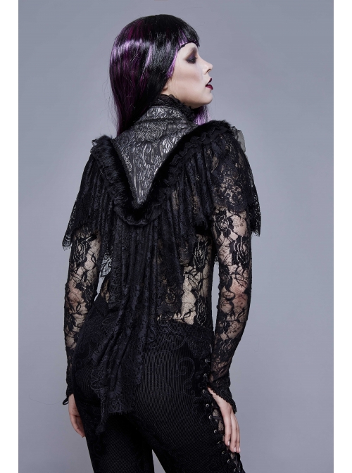 High Collar Splice Feather Lace Black Gothic Jacquard Shawl