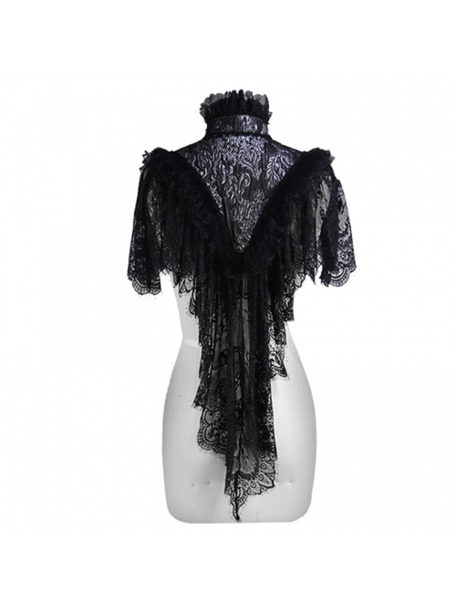 High Collar Splice Feather Lace Black Gothic Jacquard Shawl