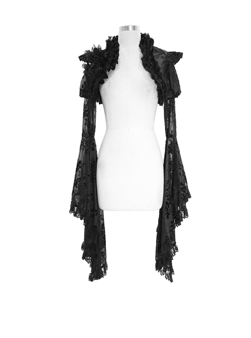 Rabbit Hair Lace Big Flare Sleeve Black Gothic Velvet Flower Shawl
