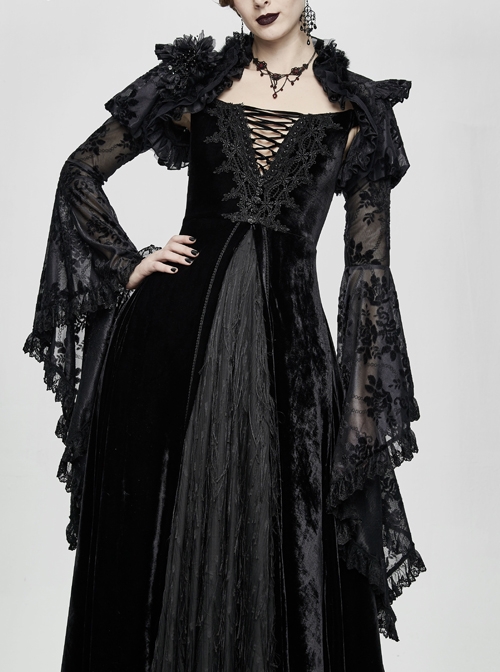 Rabbit Hair Lace Big Flare Sleeve Black Gothic Velvet Flower Shawl