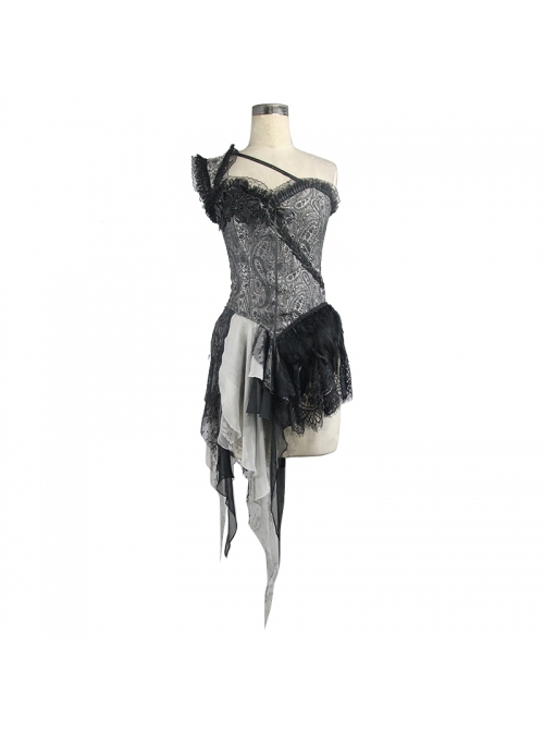 Inclined Shoulder Strap One-Shoulder Back Lace-Up Lace Chiffon Irregular Hem Silver Jacquard Corset