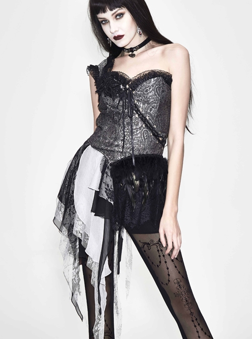 Inclined Shoulder Strap One-Shoulder Back Lace-Up Lace Chiffon Irregular Hem Silver Jacquard Corset