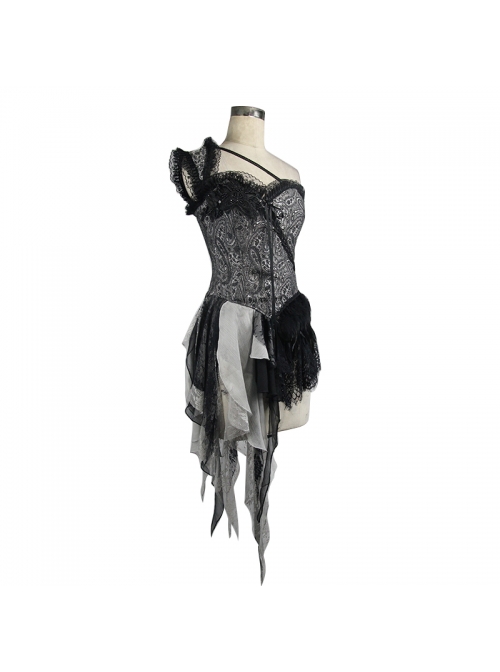 Inclined Shoulder Strap One-Shoulder Back Lace-Up Lace Chiffon Irregular Hem Silver Jacquard Corset