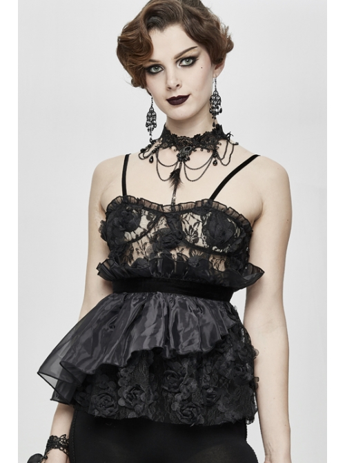 Black Gothic Irregular Organza Hem Three-Dimensional Embroidered Lace Corset